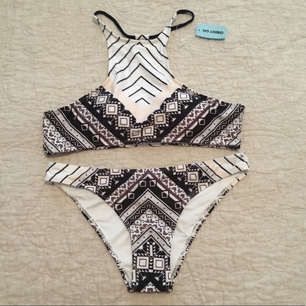 Black and cream patterned bathing suit
